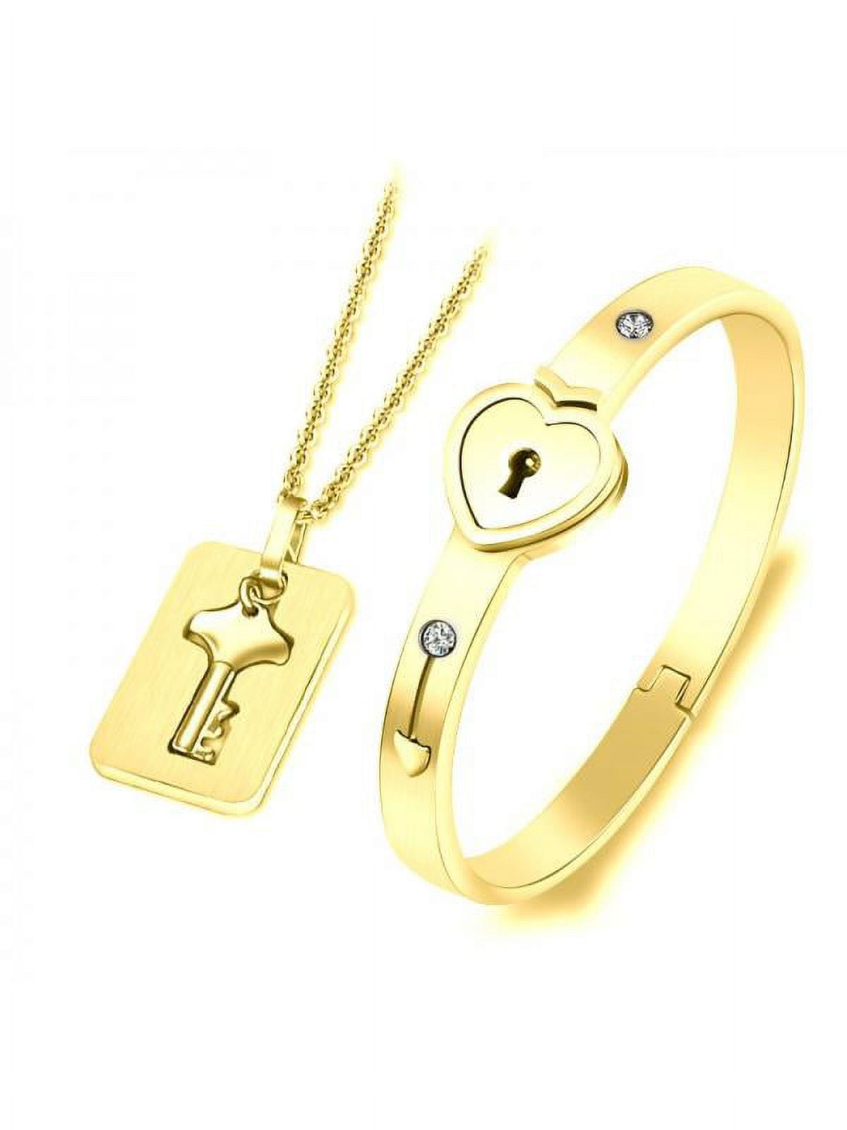 Buy La Belleza Men's and Women's Couple Heart Lock and Key Stainless Steel  Cubic Zirconia Bracelet Pendant Necklace Set for Lovers on Valentine day  (Golden) at Amazon.in