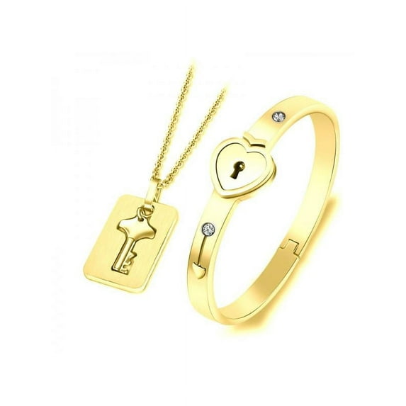 Women Titanium Steel Love Heart Lock Couple Bracelet with Key Pendant Necklace