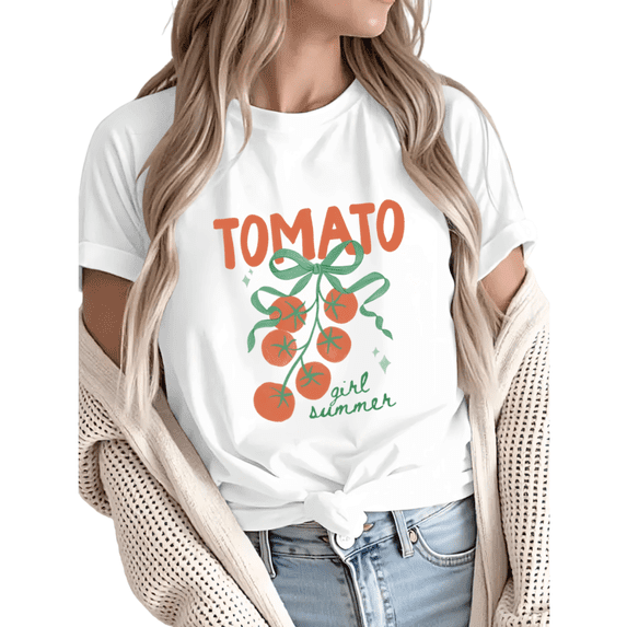Women Tomato Girl Summer Coquette Graphic Fun Tees Tops Round Neck Cotton T-Shirt White S-5XL