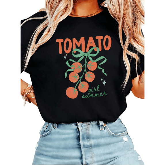 Women Tomato Girl Summer Coquette Graphic Tees T-Shirt Tops Round Neck Cotton T-Shirt Black S-5XL