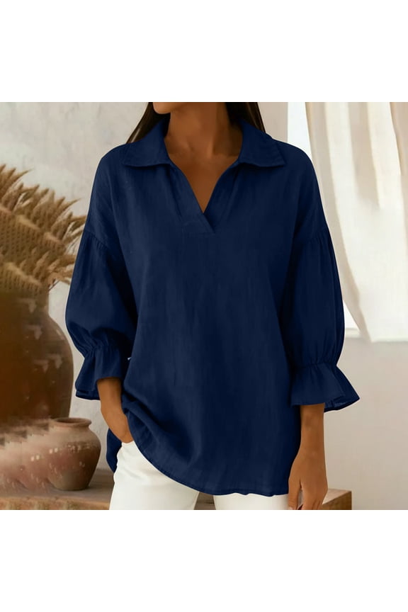 Women Top, 2026 New Fashionable Casual 3/4 Sleeve Solid Color Shoulder Down Lapel Blouse, Made of Comfortable Material, Stylish for Street and Daily Entertainment.