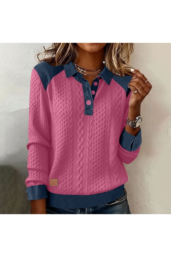 Women Top, 2026 New Solid Casual Long Sleeves Lapel Denim Patchwork Stitching Button Blouse, Made of Breathable Fabric, Loose Fit for Daily Wear, Perfect for Pairing with Pants.