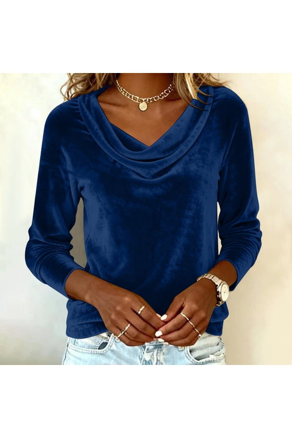 Women Top, 2026 New Solid Color Elegant Metallic Velvet Long Sleeve Draped Neck Blouse, Made of Breathable Fabric, Loose Fit for Daily Wear, Perfect for Pairing with Pants.