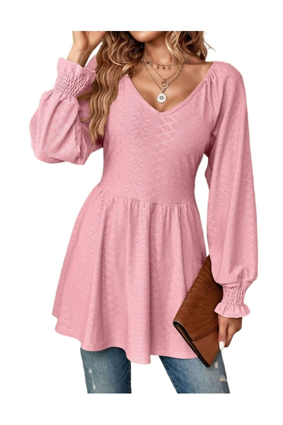 Women Top Babydoll Lady Blouse Elegant Top Slim Circle Hem V-neck Colorful Spring Cogild