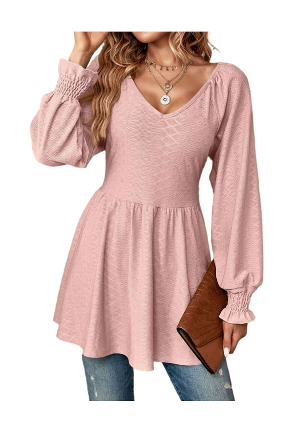 Women Top Babydoll Lady Blouse Elegant Top Slim Circle Hem V-neck Colorful Spring Cogild