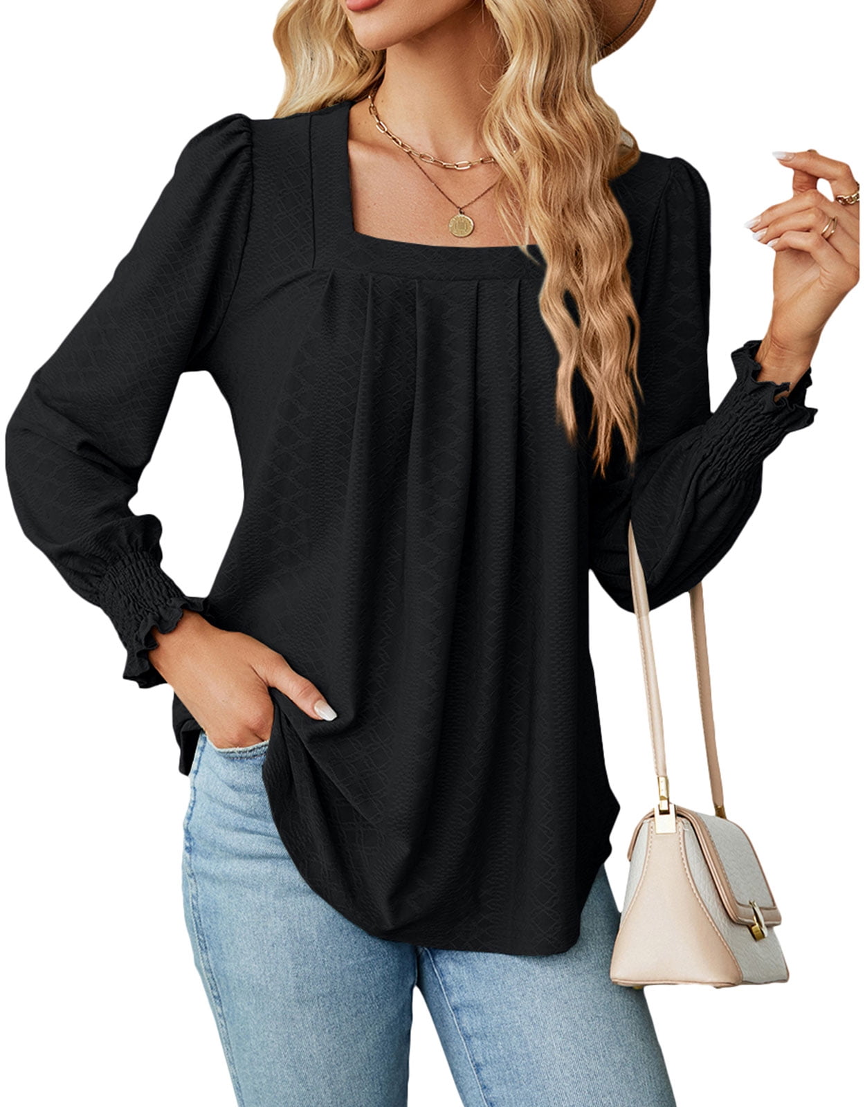 Women Top Babydoll Lady Long Sleeve Blouse Daily Shirt Square Neck ...