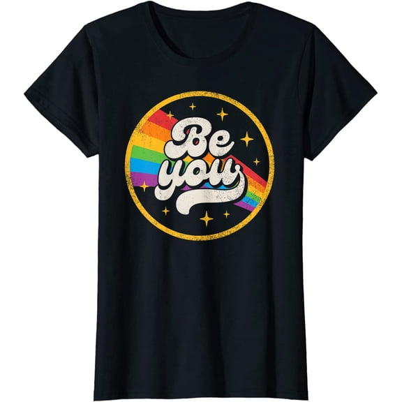 Women Top Be You Pride LGBTQ LGBT Ally Rainbow Flag Retro Galaxy Casual T-Shirt