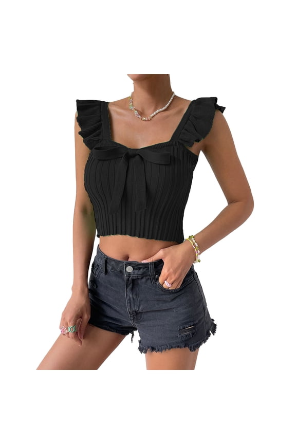 Women Top Bow Knot Front Neck Sleeveless Top Ruffle Rib Knit Slim Blouse Pure Color Blouse Black L