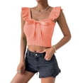 thumbnail image 1 of Women Top Bow Knot Front Neck Sleeveless Top Ruffle Rib Knit Slim Blouse Pure Color Blouse Dusty Pink M, 1 of 6