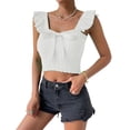 thumbnail image 1 of Women Top Bow Knot Front Neck Sleeveless Top Ruffle Rib Knit Slim Blouse Pure Color Blouse White L, 1 of 6