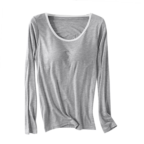 Women Top Built in Bra Under $10 Crew Neck Long Sleeve Sleep Night Shirt Soft Cotton Pajama Undershirts (XL, Gray 01)