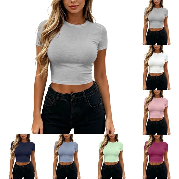 Women Top Casual Loose Fit Workout Tops 2026 Fashion Women's Casual Solid Color Midriff-Baring Short Sleeve Round-Neck Tops Gray L