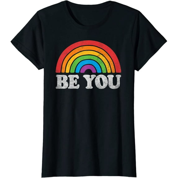 Women Top LGBTQ Be You Pride LGBT Ally Rainbow Flag Retro Vintage Casual T-Shirt