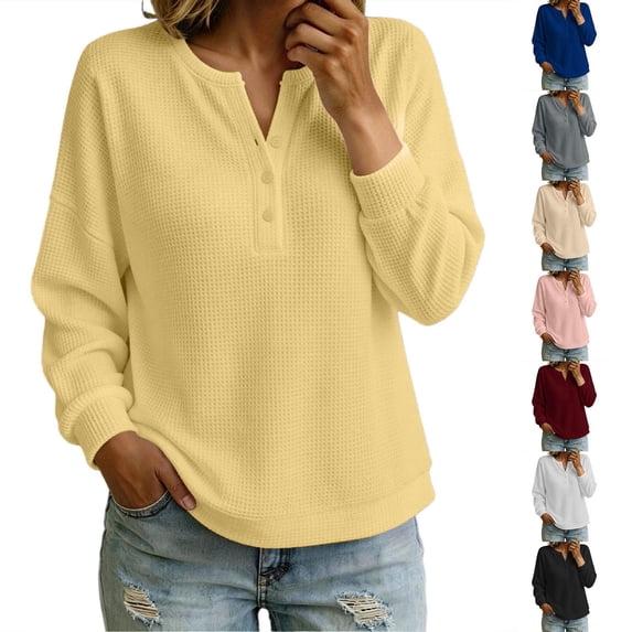 Women Top Sevevn Henley Notched Neck Loose Fit Waffle Knit Fabric Drop Shoulder Long Sleeve Ribbed Cuffs Pullover For Daily Office Casual Wear