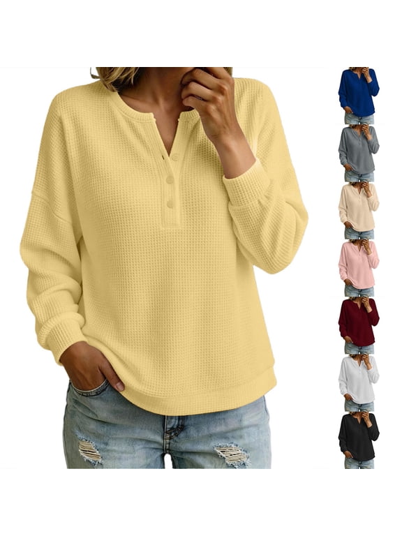 Women Top Sevevn Henley Notched Neck Loose Fit Waffle Knit Fabric Drop Shoulder Long Sleeve Ribbed Cuffs Pullover For Daily Office Casual Wear