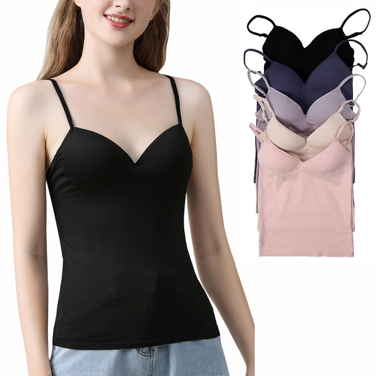 Women Top Shirt Solid Color Slim Deep V-Neck Crop Top with Built-in Shelf  Bra Summer Hot Camisole 