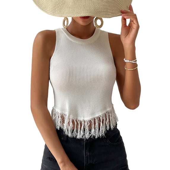 Women Top Sleeveless Round Neck Blouse Front Tassel Splicing Short Top Pure Color Blouse White M