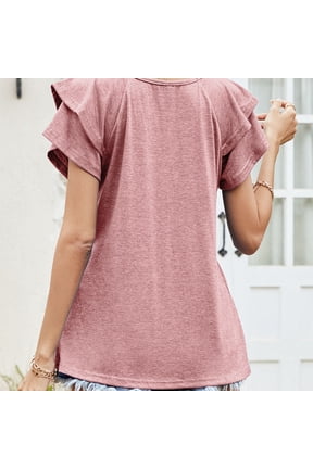 Women Top V Neck Short Double Layer Ruffle Sleeve Plain Loose Causal Comfortable Summer T Shirt Light Pink L