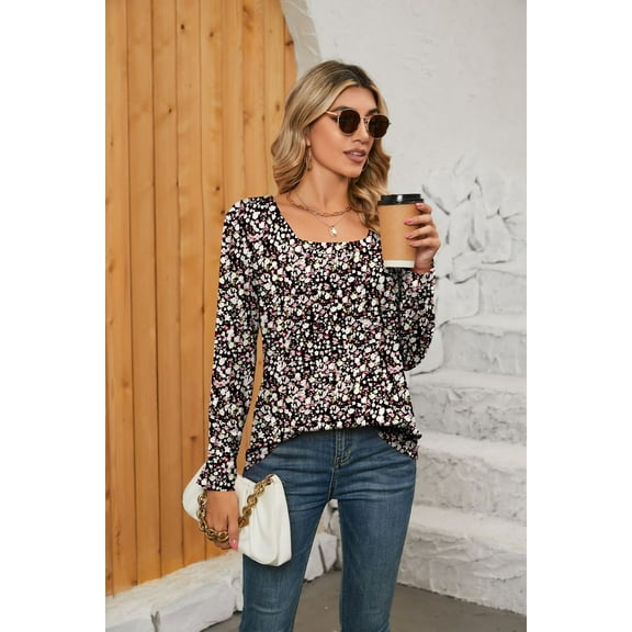 New Women Top Women Long Sleeved Square Neck Printed T-shirt Top Women Striped Soft Comfy Tees Female Tops