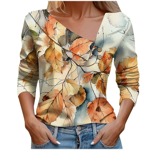 Women Tops 2025 Long Sleeve V Neck Loose Shirts Floral Print Asymmetric Button Blouses Business Casual Tunic