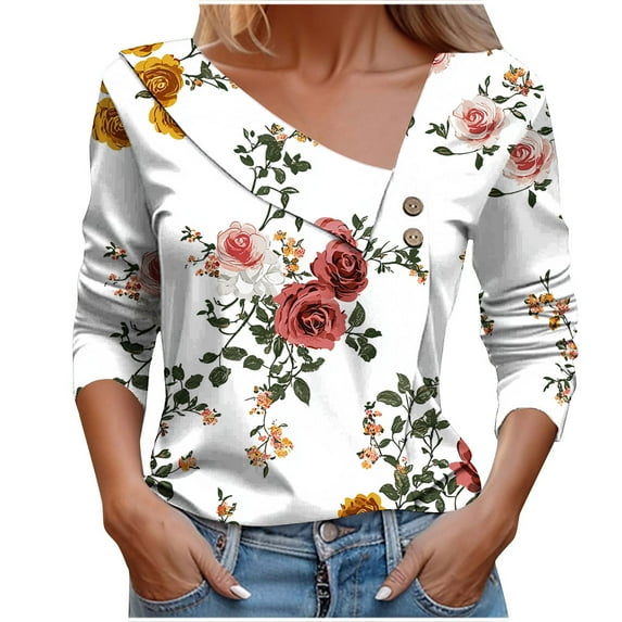 Women Tops 2025 Long Sleeve V Neck Loose Shirts Floral Print Asymmetric Button Blouses Business Casual Tunic