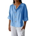 thumbnail image 1 of Women Tops, 2026 Tops for Women Three Quarter Sleeve T-Shirts Cotton Linen Comfort Button Down Soft Lightweight Blouse Tees, 1 of 8