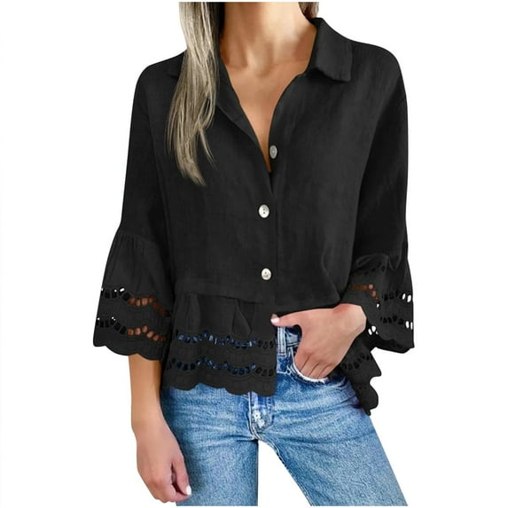 Women Tops 3/4 Sleeve Casual Button Down Shirt Solid Color Hollowed Out Lace Blouse Tunic Tops