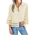 thumbnail image 1 of Women Tops 3/4 Sleeve Casual Button Down Shirt Solid Color Hollowed Out Lace Blouse Tunic Tops, 1 of 8