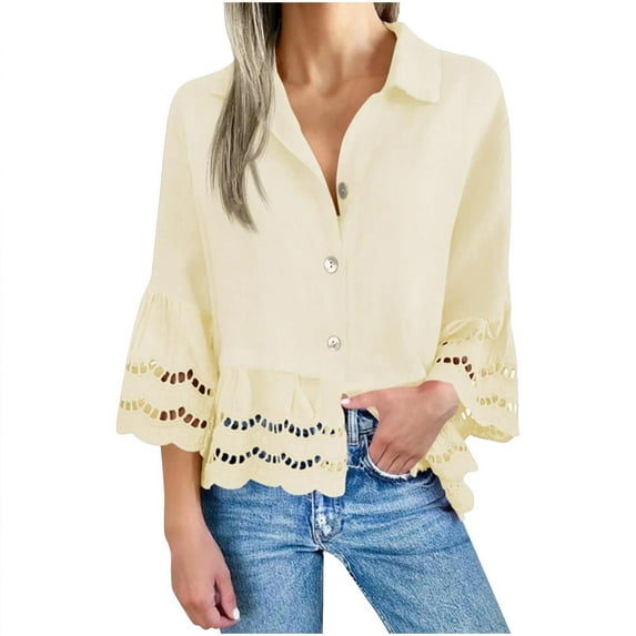 Women Tops 3/4 Sleeve Casual Button Down Shirt Solid Color Hollowed Out Lace Blouse Tunic Tops