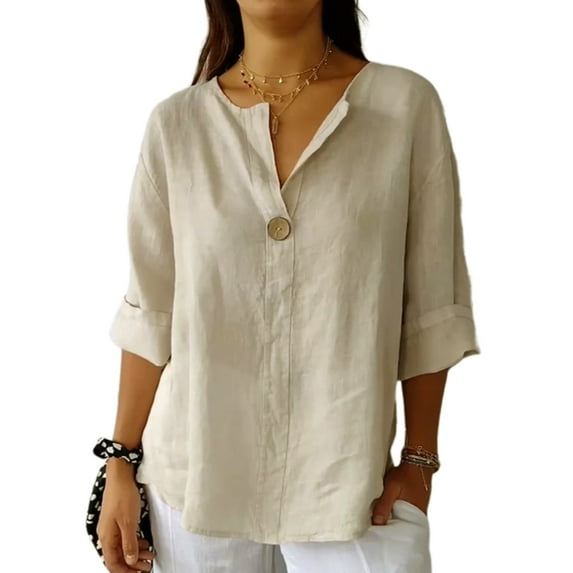 Women Tops 3/4 Sleeve Shirt Casual V neck Shirt Loose Casual Tshirts Cotton Linen Summer Tees Business Work Tunics Shirt