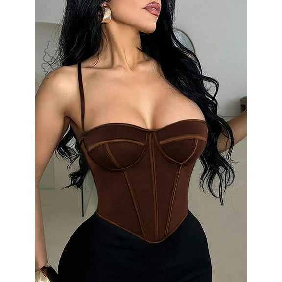 Women Tops, Blouses & Sleeveless Crop Tops, Y2K Sexy Brown Corset Boned Tops for Women with Mesh Grommet and Eyelet Lace Up Back Design