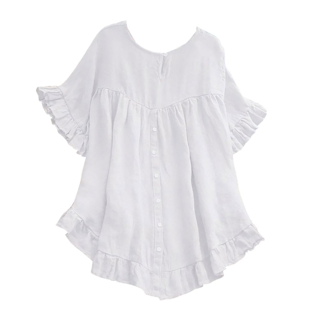 Women's Ruffle Short Sleeve T-Shirt - Solid Color Round Neck Top, Soft Cotton (White, Medium) - View #12
