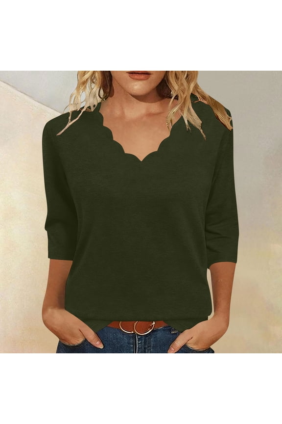 Women Tops Cheytotty Wave Neck Short Sleeve Top, Women's Casual Relaxed Summer Blouse Army Green L