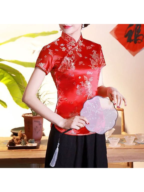 Women Tops Chinese Cheongsam Shirt Short Sleeves Blouse for Women (Red XXL)