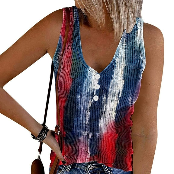 Women Tops under $5! Cagogo American Flag Tank Tops for Women 4th of July Shirts Sleeveless Scoop Neck Button T-Shirt Stars Stripes Independence Day Patriotic Graphic Tees Blouses