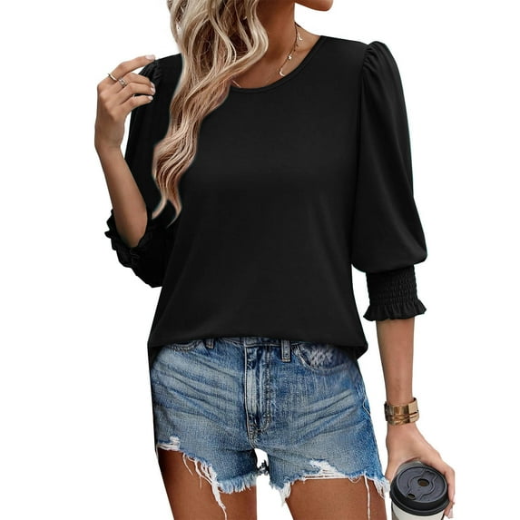 Women Tops under $5! Cagogo Blouses for Women Dressy Casual 3/4 Length Sleeve Womens Tops Gradient Color/Solid Color/Striped Color Block Summer Loose Fit T Shirts with Smocked Cuffs S-XXL