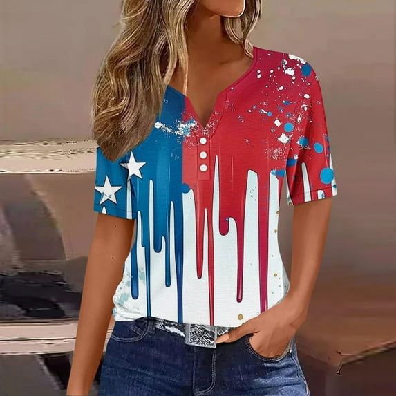 Women Tops under $5! Cagogo Ladies 4th of July Shirts Independence Day Patriotic Graphic Summer Trendy T-shirts Short Sleeve Stars Stripes American Flag Dressy Casual Tunic Tops Clothes