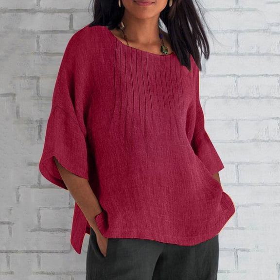 Women Tops under $5! Cagogo Ladies Linen Tshirts Shirts Cotton Gauze Crewneck Trendy Peasant T-shirts 3/4 Length Sleeve Summer Trendy Dressy Casual Loose Fit Tunic Tops Clothing