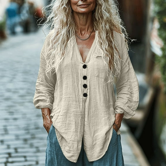 Women Tops under $5! Cagogo Linen Blouses for Women V Neck Collared Button Down Cotton Gauze Plus Size Blouses Summer Trendy Long Sleeve Black Peasant T-shirts Clothes