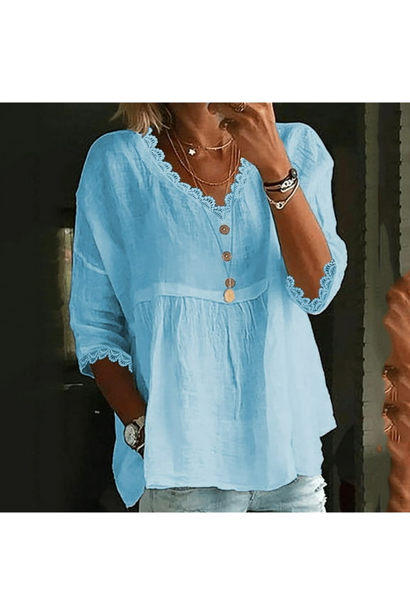 Women Tops under $5! Cagogo Linen Shirts for Women Summer Boho Lace Crochet 3/4 Sleeve Tunic Top Cotton Casual Loose Cute Plus Size Peasant Blouse Shirts Blusas Casuales de Mujer Bonitas