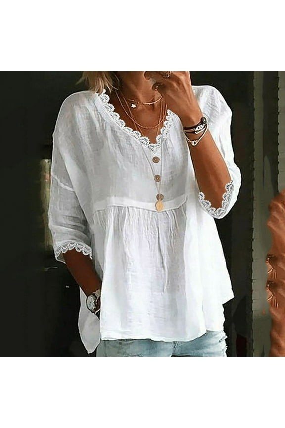 Women Tops under $5! Cagogo Linen Shirts for Women Summer Boho Lace Crochet 3/4 Sleeve Tunic Top Cotton Casual Loose Cute Plus Size Peasant Blouse Shirts Blusas Casuales de Mujer Bonitas
