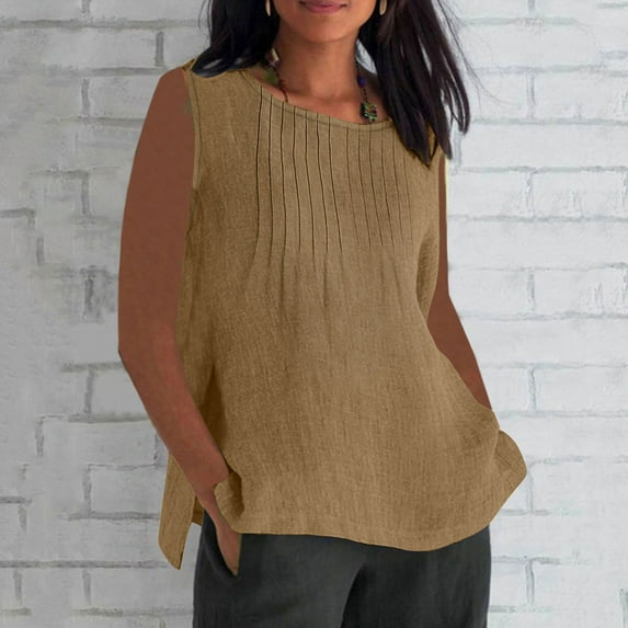 Women Tops under $5! Cagogo Linen Tank Tops for Women Cotton Gauze Crewneck Pleated Front Sleeveless Dressy Blouses Plus Size Summer Shirts with Side Slit Casual Loose Fit Tees