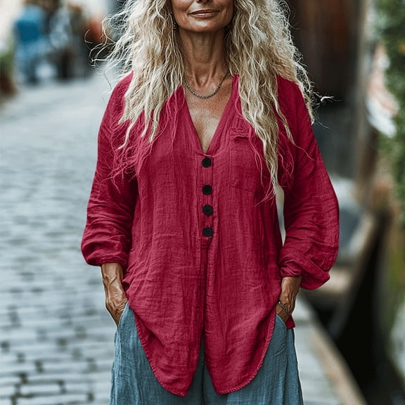 Women Tops under $5! Cagogo Linen Tops for Women Long Sleeve Button Down Loose Fit T-shirts Cotton Gauze V Neck Collared Summer Trendy Fashion Tunic Tops Clothing