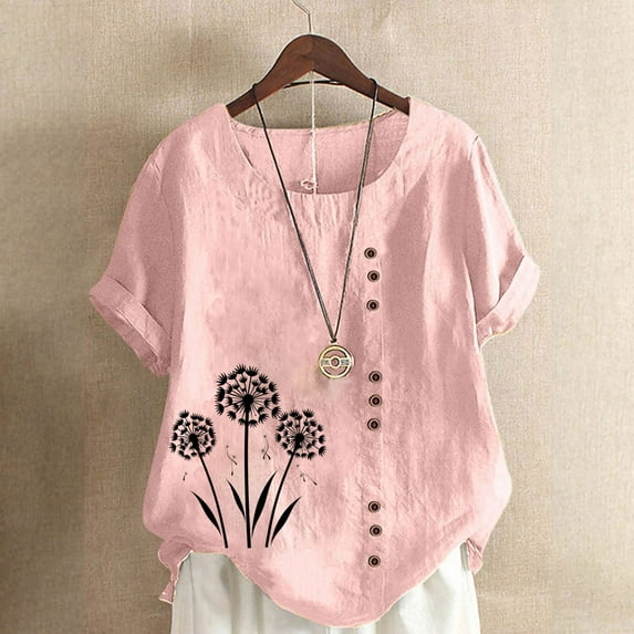 Women Tops under $5! Cagogo Plus Size Linen Shirts for Women Floral Print Cotton Blend Dressy Casual Crew Neck Summer Blouses Short Sleeve Basic Tunic Tee Shirts Tops Blouse S-5XL