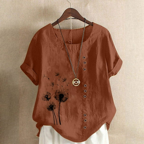Women Tops under $5! Cagogo Plus Size Linen Shirts for Women Floral Print Cotton Blend Dressy Casual Crew Neck Summer Blouses Short Sleeve Basic Tunic Tee Shirts Tops Blouse S-5XL