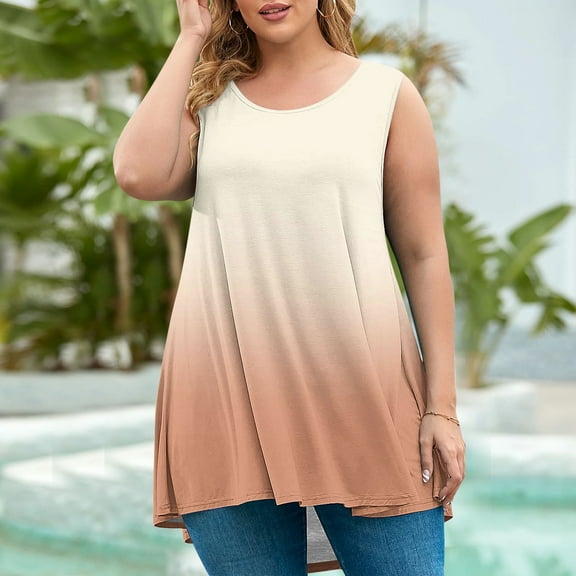 Women Tops under $5! Cagogo Plus Size Tank Tops for Women Summer Sleeveless Flowy Henley Shirts Dressy Loose Gradient Color Tunics Trendy Cute Basic Tee Blouses