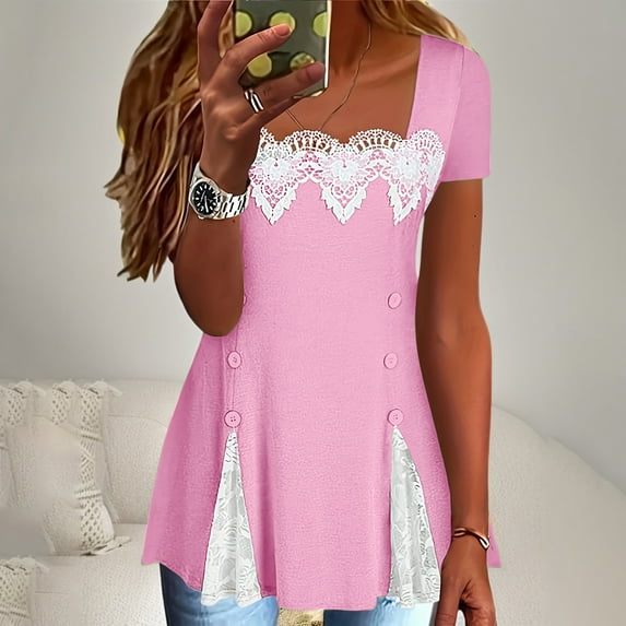 Women Tops under $5! Cagogo Short Sleeve Shirts for Women Square Neck Lace Tunic Tops Dressy Casual Work Tshirts Summer Flowy Tops Elegant Loose Tunics Fashion Tredny Outfits Clothes