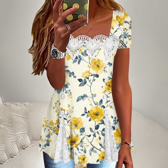 Women Tops under $5! Cagogo Short Sleeve Shirts for Women Square Neck Lace Tunic Tops Dressy Casual Work Tshirts Summer Flowy Tops Elegant Loose Tunics Fashion Tredny Outfits Clothes