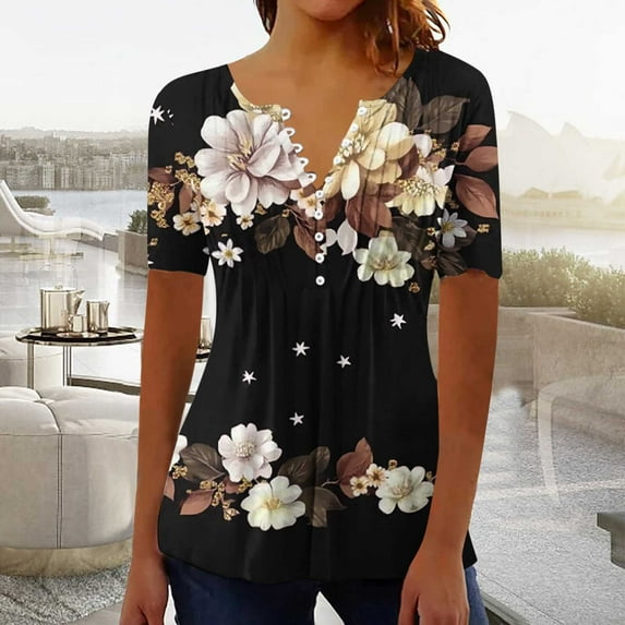 Women Tops under $5! Cagogo Summer Tops for Women Plus Size Trendy Boho Floral Print Tunic Shirts Short Sleeve Button V Neck Tshirt Loose Dressy Casual Henley Blouse