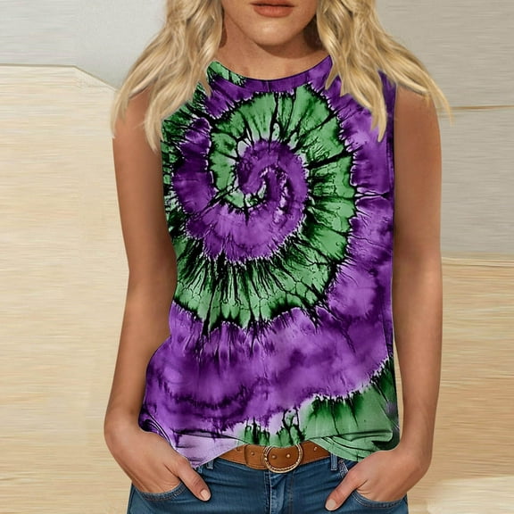 Women Tops under $5! Cagogo Tie Dye Tank Tops for Women Trendy Summer Sleeveless Loose Fit Top Round Neck Colorful Printed Casual Graphic Cute Basic Tee Shirts Beach Travel Outfits